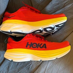 Hoka Vibrant Red and Yellow Bondi Sneakers